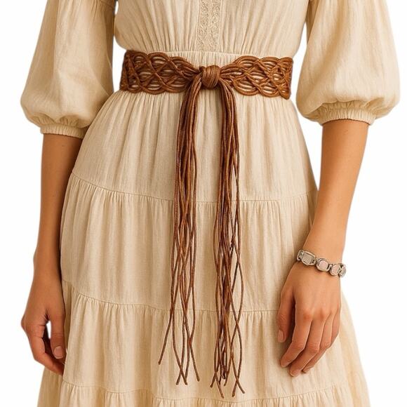 Accessories - Boho Western Brown Cognac Braided Macramé Fringe Belt Women’s Size Small Medium